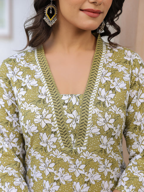 Olive Pure Cotton Floral Printed Straight Kurta Pant Set